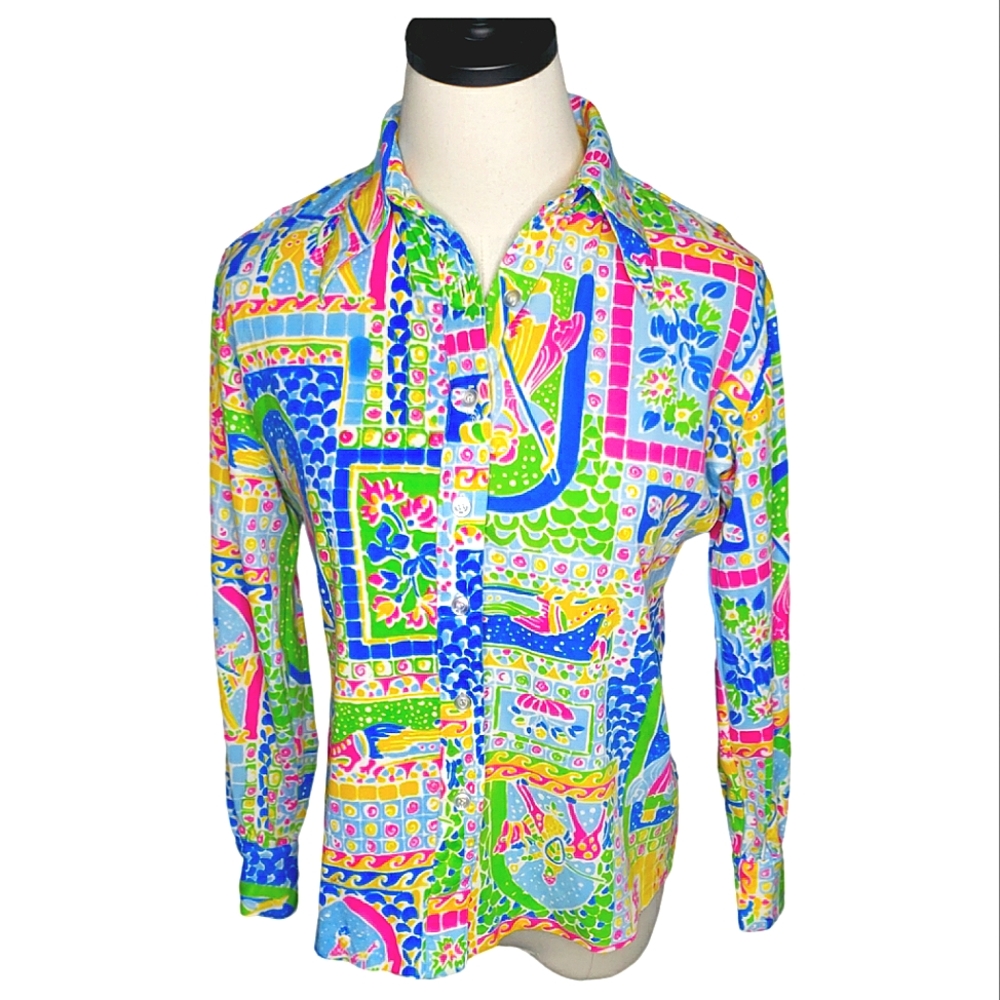 VTG Herman Geist Union 70's Novelty Blouse Hipster Psychedelic Magic School Bus